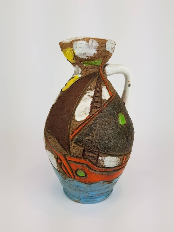 イタリア陶器　FRATELLI FANCIULLACCI　ミッドセンチュリー Vintage Handled FRATELLI FANCIULLACCI Vase With Sailing Ships