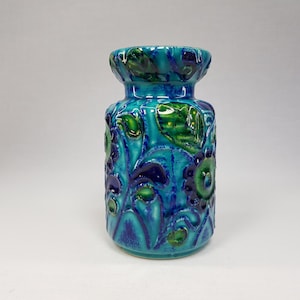 Vintage BAY KERAMIK Blue Turquoise Vase With Turquoise Flower and Leaf Decor 72 14 West German Pottery 1970s