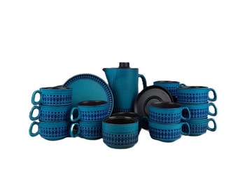 Vintage 38 pieces CERAMANO Ceramic Blue Crockery With &quot;Hostess&quot; Decor West German Pottery 1968s