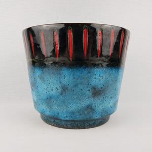 Vintage UBELACKER (Ü-Keramik) Black Planter Flower Pot With Red and Blue Decor West German Pottery 1960s