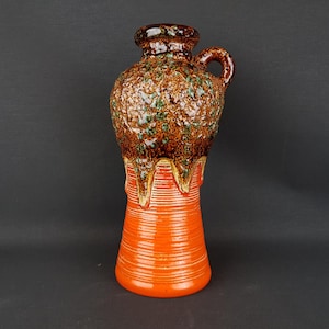 Vintage DÜMLER & BREIDEN Keramik Orange Jug Vase wit Brown and Green Fat Lava Vase 647-30 West German Pottery 1970s
