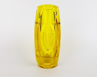 Vintage Czech Rosice Glass Works Lens / Bullet Yellow Vase by Rudolf Schrötter 1955 Sklo Union