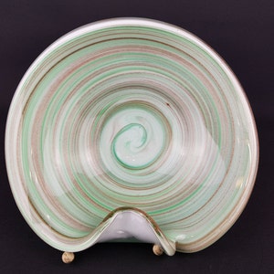 Stunning Vintage 1960-70s MURANO GLASS Folded Bowl Green White Glitter Swirl Graffati Decor Made by Barovier And Toso Italian Glass Art