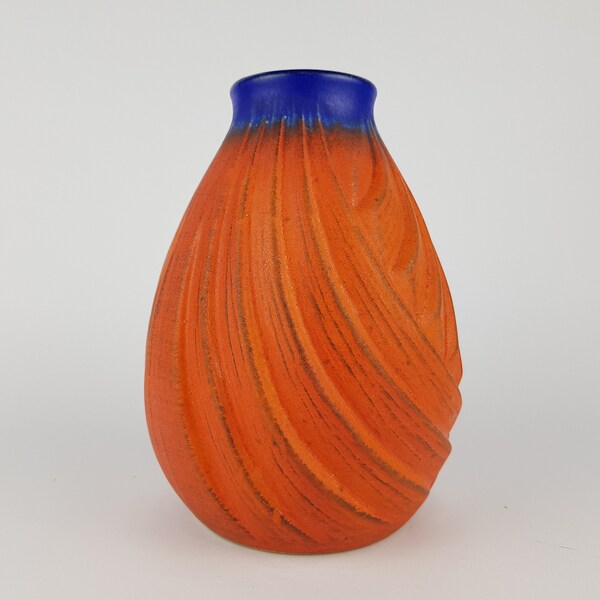 Vintage Orange Blue DUMLER & BREIDEN Fat Lava Relief-series Vase 151/15 West German Pottery 1970