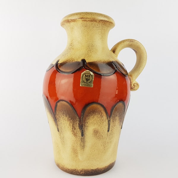 Vintage SCHEURICH KERAMIK Beige And Orange Handled Nurnberger Bund Vase 490 - 25 West German Pottery 1970s