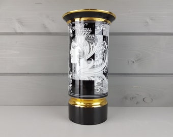 Vintage HOLLOHAZA Black and White Hungarian Folk Porcelain Vase 1980s