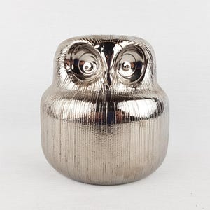 Op de afbeelding: Een metallic zilveren uilenbeeldje met een gepolijste, reflecterende afwerking en een gestructureerd oppervlak met verticale lijnen. De uil heeft grote, ronde, verzonken ogen en een scherpe snavel, wat zorgt voor een compacte, ronde vorm.