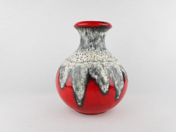 Vintage BAY KERAMIK Red Vase With White and Gray Dripped Fat Lava