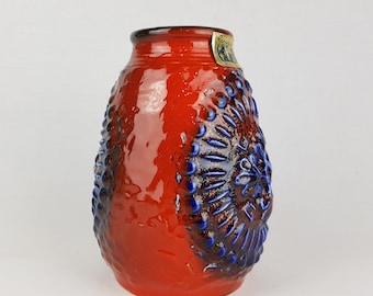 ヴィンテージ CARSTENS KERAMIK 赤と青の花瓶 レリーフ装飾 7404-20