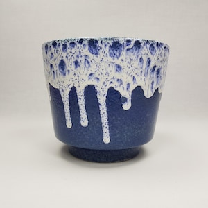 Vintage ES KERAMIK Blue Planter, Flower Cache Pot with White Fat Lava West German Pottery 1970s