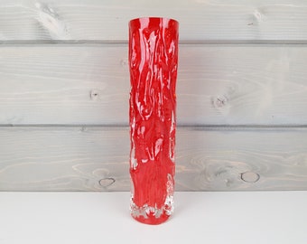 Vintage INGRID GLASS Bright Red Cylinder Vase Wave Design from Germany 1960 1970s