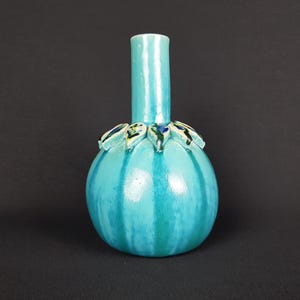 Stunning Art Deco Style Turquoise Blue Vase with Relief Leafs Decor