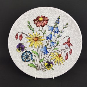Vintage KARLSRUHER MAJOLIKA KERAMIK Wall Plaque with flower decor, by Anita Fuchs 1963 West German Pottery #