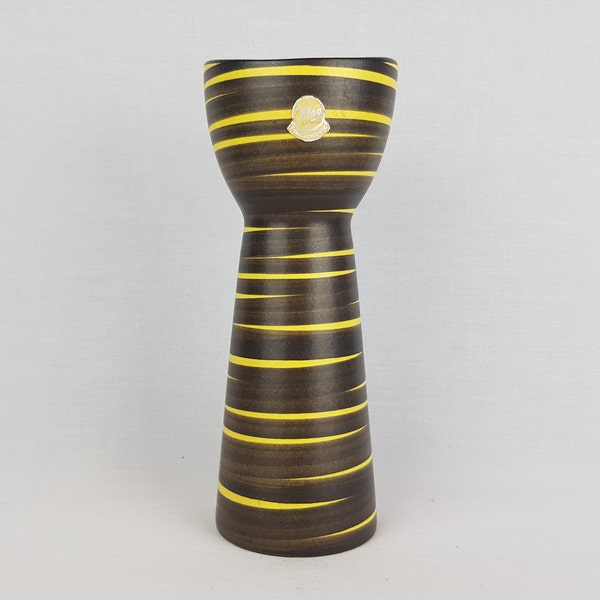 Vintage ILKRA EDEL KERAMIK Brown and Yellow Striped Vase with Kairo Decor 203 25 West German Pottery 1956s