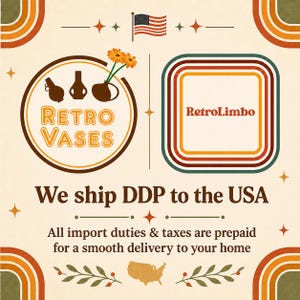 May include: A graphic design featuring the text Retro Vases and RetroLimbo with illustrations of three brown vases and orange flowers. The image includes a United States flag, a map of the USA, and the text We ship DDP to the USA and All import duties & taxes are prepaid for a smooth delivery to your home.