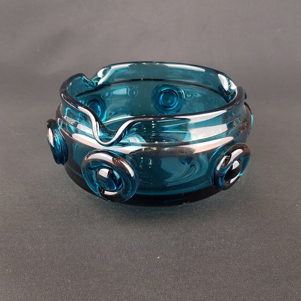 Vintage 1960-70s PRACHEN GLASS Turquoise Design Bowl With 3D Decor By Josef Hospodka