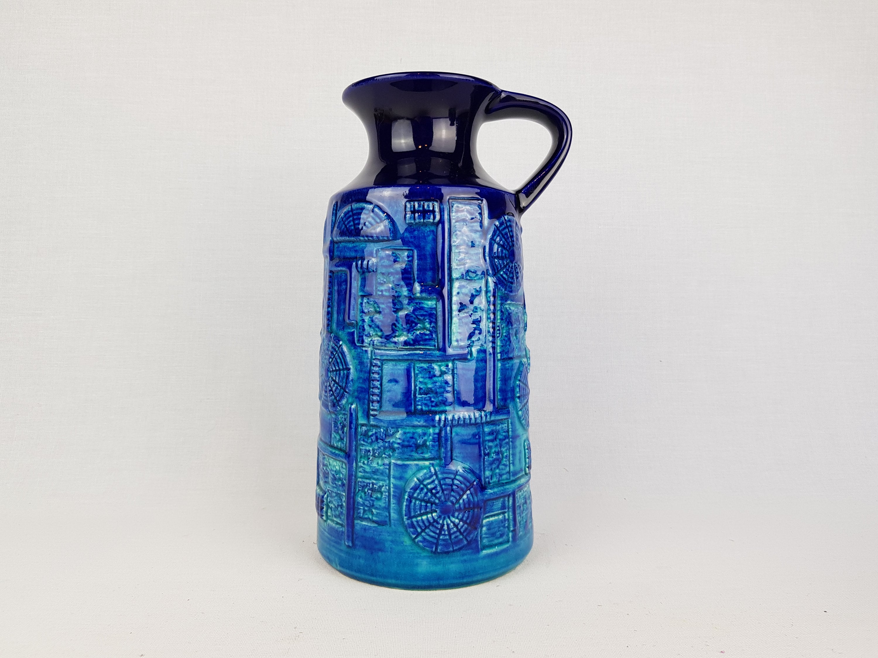 Vintage BAY KERAMIK Handled Blue Vase With Narvik Decor West