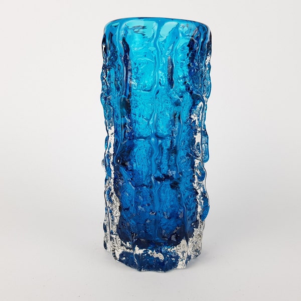 Vintage WHITEFRIARS Kingfisher Blue Glass Bark Vase by Geoffrey Baxter Pattern number 9689