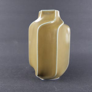 May include: An olive-green decorative vase with a distinctive form. The vase features a curved design with a thin, light-coloured trim. The vase is a decorative item, suitable for displaying flowers or as a standalone piece.