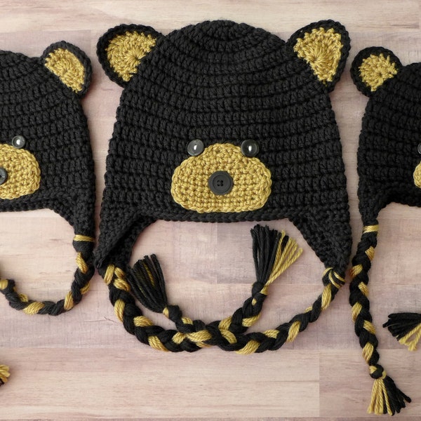 Crochet Black Bear Hat PDF PATTERN (Newborn, Infant, Toddler, Child, and Adult Sizes)