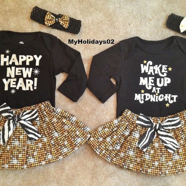 New Years outfit Skirt Dress baby girl 1st Christmas twins brother sister headband bow my first "New Years" Size Newborn 3 6 9 12 toddler