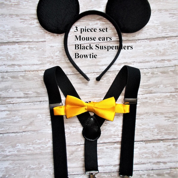 Mickey Mouse Halloween costume Birthday cake smash ears & yellow Bow tie black suspenders outfit 6 9 12 18 24 2T 3t 4t 5 6 7 8  toddler SALE