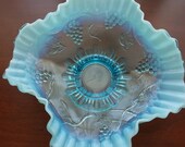 Antique EAPG JEFFERSON GLASS 245 Grape Vine Ruffled Opalescent Blue Footed Candy Dish c. 1907