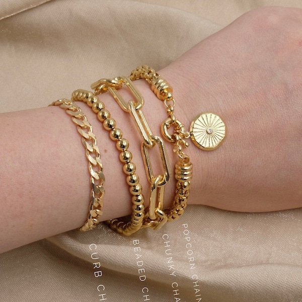 Chunky Link Bracelets, 18k Gold Filled, Gold Paperclip Bracelets, Stack Bracelets, Rectangle Link Bracelets, Curb Chain Bracelets