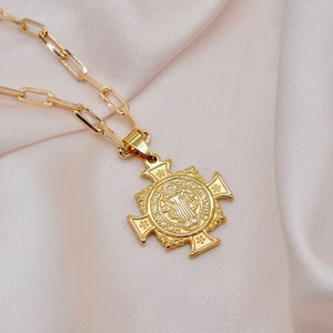 Gold Coin Necklace. Cross Necklace. 18k Gold Filled Medallion Necklace. Layered Necklace. St benedict. Stacking Necklace