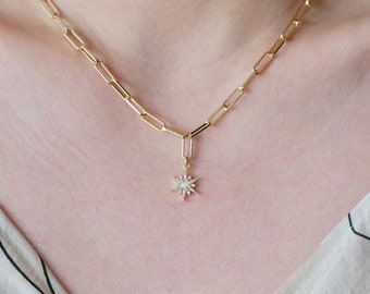 Opal Star Necklace, Gold Paperclip Necklace, Star Necklace, Gold Starburst Necklace, Tiny Opal Star Necklace, Layering Necklace