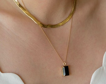 Gemstone Bar Necklace Tiny Black Onyx Bar Necklace 14k Gold Filled or Sterling Silver Layering Necklace