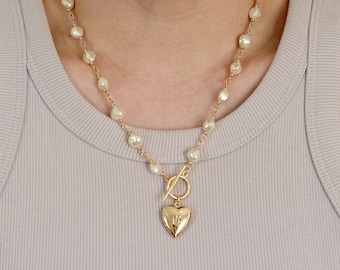 Pearl Necklace, Gold Heart Necklace, Locket Necklace, Vintage Necklace, 18K Gold Plated