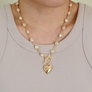 Pearl Necklace, Gold Heart Necklace, Locket Necklace, Vintage Necklace, 18K Gold Plated