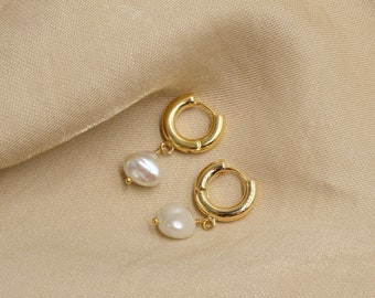 Tiny Pearl Huggie Earrings, 18K Gold Plated, Gold Hoop Earrings, Stacking Earrings