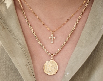 Cross Necklace Set, 18k Gold Filled Chain, CZ Cross Necklace, Dainty Cross Necklace, Gold Link Chain Necklace, Coin Necklace