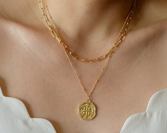 Gold Coin Necklace Set | Cross Necklace | 18k Gold Filled Medallion Necklace | Layered Necklace | Gift for her | Stacking Necklace