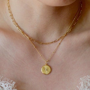 Small Gold Link Choker with Gold Coin Set Necklace, Sun Necklace, 14K Gold Filled Necklace, Paperclip Chain Necklace, Rectangle Chain Set