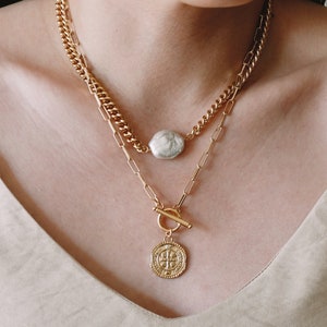 Pearl Choker Necklace, 18K Gold Filled Curb Chain Necklace, Layering Necklace, Gold Chain Necklace, Thick Gold Chain, Gift for friend