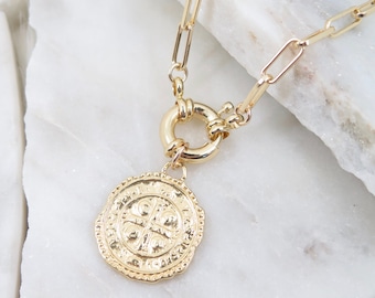 Gold Link Necklace, Gold Coin Chain, Link Chain Necklace, Layered Link Chain, Thick Chain 18K Gold Filled, Gold Medallion Necklace, Gift