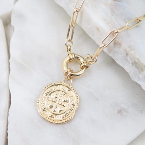 Gold Link Necklace, Gold Coin Chain, Link Chain Necklace, Layered Link Chain, Thick Chain 18K Gold Filled, Gold Medallion Necklace, Gift