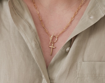 Cross necklace, Necklace with Cross, 18K Gold Filled Necklace, Cross Toggle necklace, Paperclip Necklace, Layered necklace