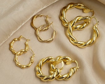 Gold Hoop Earrings, Gold Bamboo Hoop Earrings, 18K Gold Filled, 22mm, 30mm, 40mm, Chunky Gold Earrings