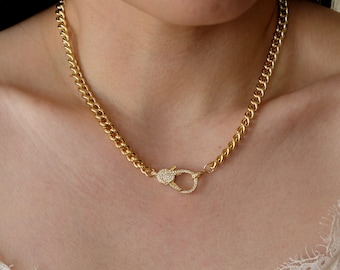 Gold Curb Chain Necklace, Spring Clasp Necklace, Layering Necklace, Choker Necklace, Thick Gold Chain, Gold Link Chain Necklace