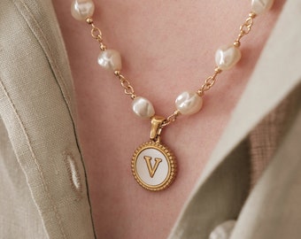 Gold Pearl Letter Necklace, 18K Gold Filled Necklace, Letter Necklace, Custom Necklace, Layering Necklace, Gift for Bestfriends