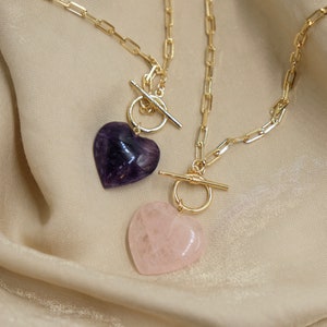 Rose Quartz Heart Necklace, Amethyst Heart Necklace, 18k Gold Filled Chain, Gold Toggle Necklace, Gold Link Chain Necklace, Paperclip Chain image 2