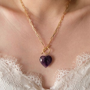 Rose Quartz Heart Necklace, Amethyst Heart Necklace, 18k Gold Filled Chain, Gold Toggle Necklace, Gold Link Chain Necklace, Paperclip Chain