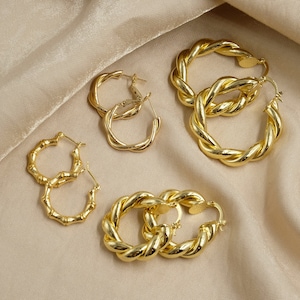 Gold Hoop Earrings, Gold Bamboo Hoop Earrings, 18K Gold Filled, 22mm, 30mm, 40mm, Chunky Gold Earrings