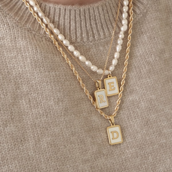 18K Gold Mother of Pearl Initial Necklace, Letter Necklace, Gold Initial Necklace, Name Necklace, Custom Necklace, Layering Necklace