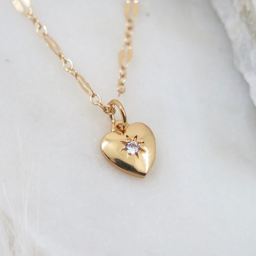 Heart CZ Gold Necklace North Star Necklace Sequin Chain - Etsy