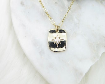 14k Gold Filled North Star Necklace. Cubic Zirconia Rectangle Pendant. 14K Gold Filled chain. Everyday necklace. Birthday gift.